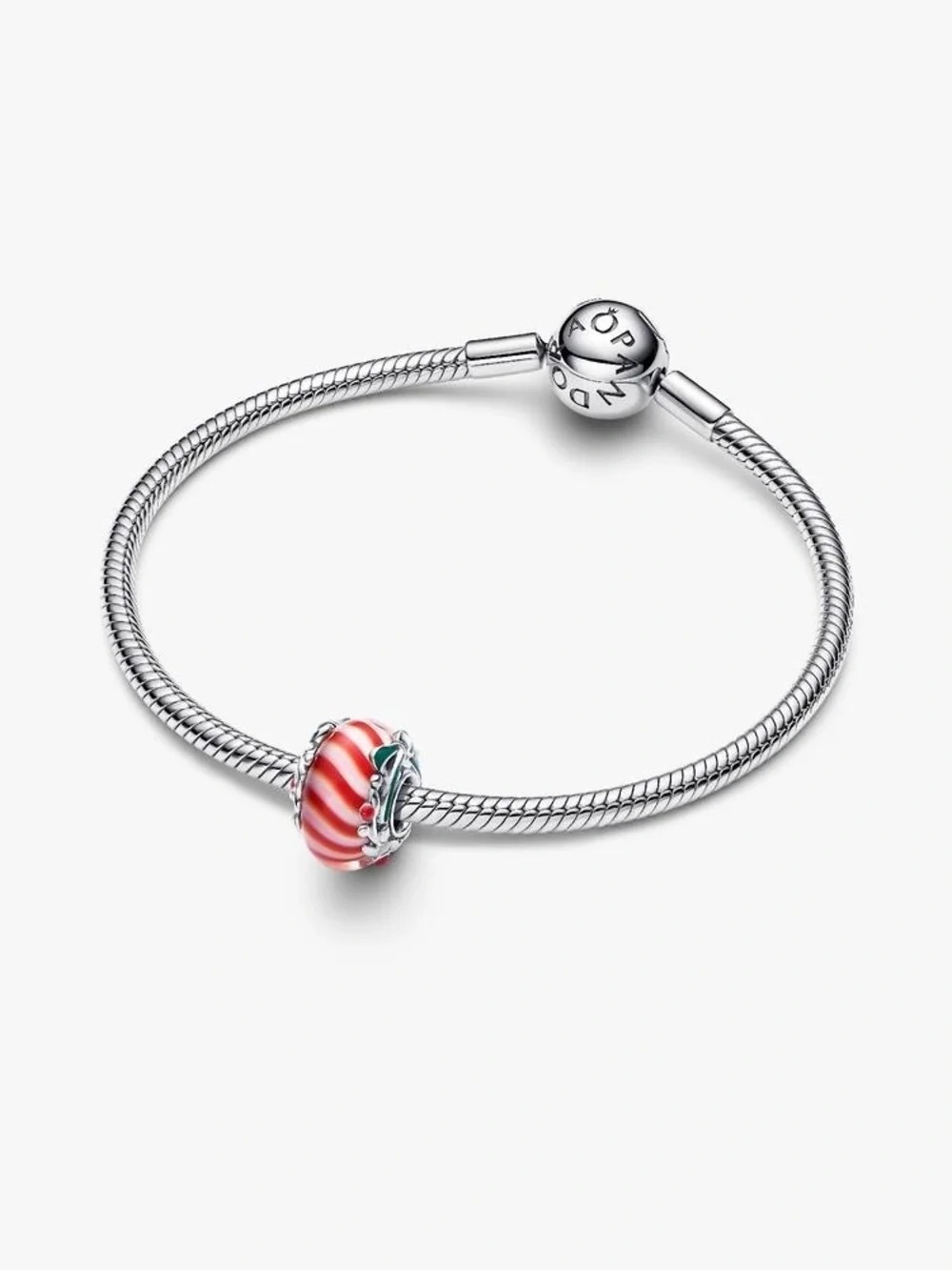 Pandora Silver Bracelet with Red and White Striped Murano Charm